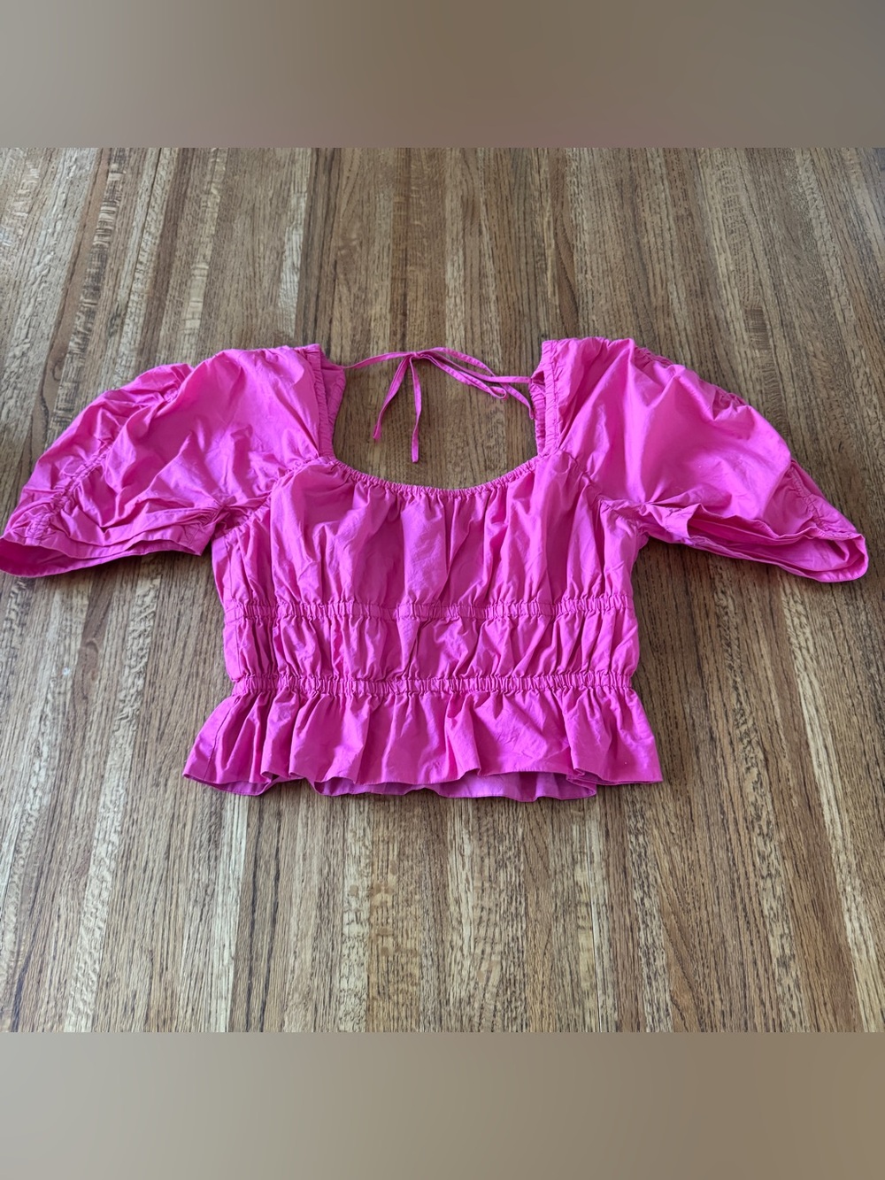 DEREK LAM Collective Bright Pink Puff Sleeve Smocked Crop Top Size 48
